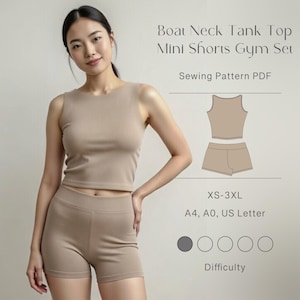 May include: A woman wearing a beige boat neck tank top and matching mini shorts. The image includes a sewing pattern graphic and text that reads "Boat Neck Tank Top Mini Shorts Gym Set Sewing Pattern PDF". The size range is XS-3XL.