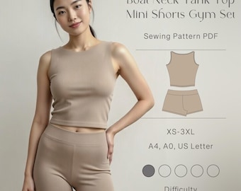 Gym Set: Boat Neck Tank Top Mini Shorts XS-3XL Sewing Pattern PDF Digital Download