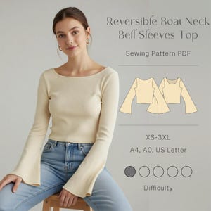 Könnte beinhalten: Ein cremefarbenes Langarm-Top mit U-Boot-Ausschnitt und Glockenärmeln. Das Bild enthält eine Schnittmusterzeichnung und den Text "Reversible Boat Neck Bell Sleeves Top" und "Sewing Pattern PDF". Die Größen reichen von XS-3XL.