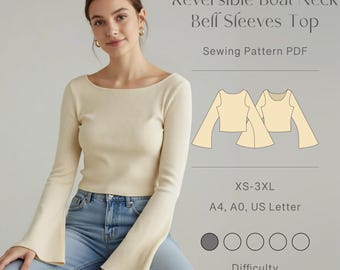 Reversible boat neck bell sleeves top XS-3XL PDF sewing pattern digital download