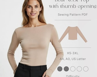 Boat Neck Top with thumb opening XS-3XL PDF Sewing Pattern Digital Download