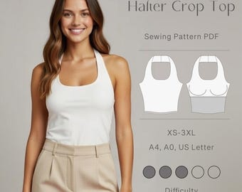 Halter crop Top with sew in bra pad XS-3XL PDF Sewing Pattern Digital Download
