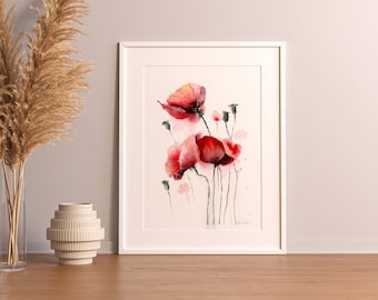ポピーの水彩画、野原の赤いポピーの花のオリジナルアート、野生の花の