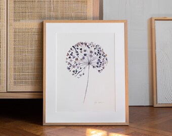 May include: A framed botanical print featuring a watercolor illustration of an allium flower. The artwork showcases a spherical cluster of small, purple and lavender florets atop a slender stem. The print is set within a light wood frame and white matting.