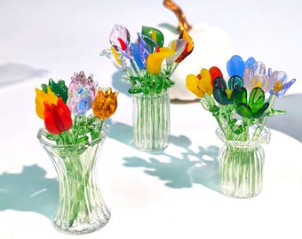 Mini Glass Flower Bouquet – Handmade Figurine Sculpture, Elegant Table Centerpiece, Generations Gift, Gift for Mom, Friends & Home Decor