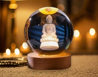 3D Buddha Kristallkugellampe, graviertes Buddha Licht, Buddha Statue Kristallkugellampe, LED-Nachtlicht, Zen-buddhistischer Dekor, buddhistisches Geschenk
