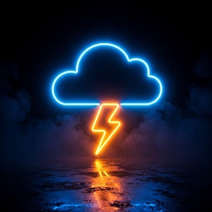 May include: A neon blue cloud with a neon orange lightning bolt underneath. The neon signs are on a dark background with a reflection of the lights on the surface.