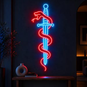 May include: A neon wall sign featuring a bright blue sword positioned vertically. A vibrant red snake is coiled tightly around the blade of the sword, with its head positioned near the hilt, creating a striking contrast of colors against the dark wall.