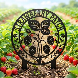 May include: Black metal garden stake with a circular design that reads "STRAWBERRY PATCH". The stake features a strawberry plant illustration with leaves, flowers, and strawberries. The stake is placed in a strawberry patch.