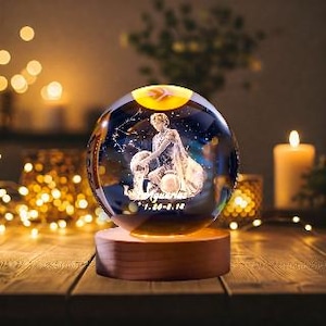Wassermann 3D Kristallkugel Lampe, Sternzeichen Nachtlicht mit LED Holzsockel, Wassermann Sternenkarte Lampe, Wassermann Sternzeichen Astrologie Liebhaber Geschenk