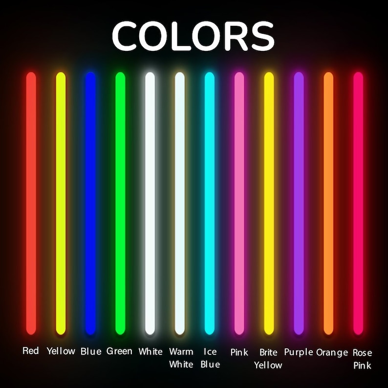 K&ouml;nnte beinhalten: Ein Diagramm mit 12 verschiedenen Neonfarben, die mit ihren Namen beschriftet sind: Rot, Gelb, Blau, Gr&uuml;n, Wei&szlig;, Warmwei&szlig;, Eisblau, Rosa, Hellgelb, Lila, Orange und Rosarot.