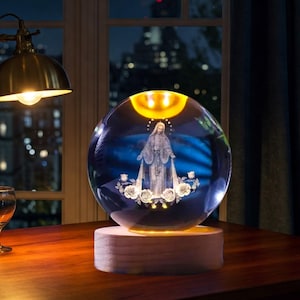 Virgin Mary Crystal Ball Lamp, 3D LED Engraved Night Light, Holy Mary Blessed Mother Christian Gift Religious Catholic Decor, Prayer Gift
