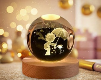 Nattlampa med kristallkula, kristallkula-inspirerad av den lilla prinsen, 3D-graverad LED-lampa, romantisk LED-lampa, födelsedagspresent, present till barn