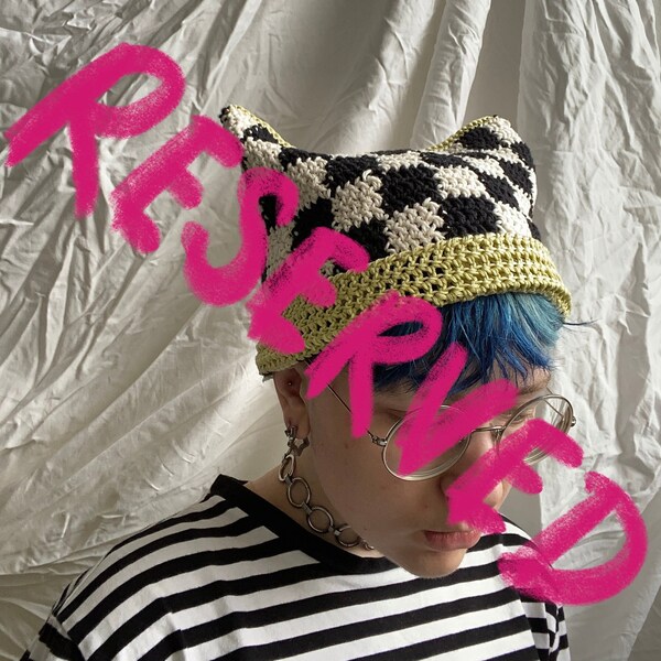 RESERVED!!! Self-made Crochet Cat Beanie Hat Checkered Grey White, Striped Brown Beige Organic Cotton