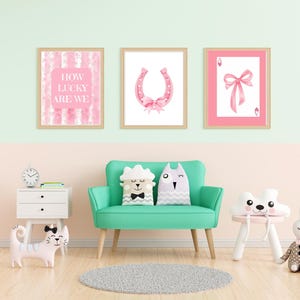 Set of 3 Coastal Cowgirl Wall Art Prints Pink Western Decor with Bows Horseshoes & Girly Charm Trendy Coquette Dorm Baby Girl Room Posters