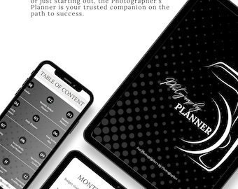 May include: A black and white planner with a camera graphic and the text "Photography Planner" on the cover. The planner includes a monthly budget planner, a table of contents, and a calendar for the year 2024.