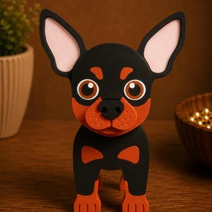 May include: A black and orange dog figurine with large ears and expressive eyes. The dog has a black body with orange accents on its face, paws, and chest. The ears are black with pink interiors. The figurine is standing on a wooden surface.