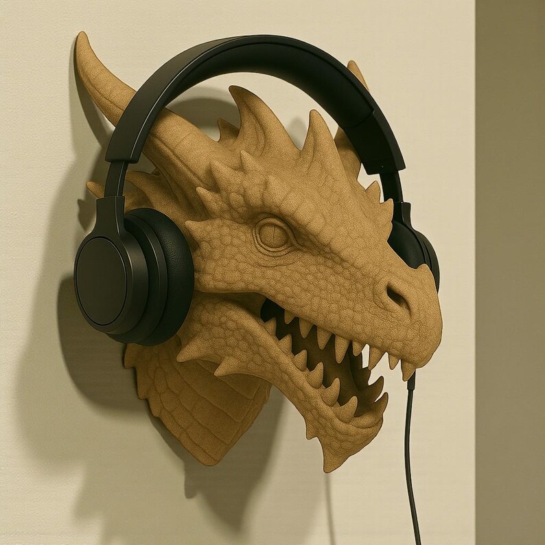Puede incluir: Un soporte de pared con forma de cabeza de drag&oacute;n de color beige con auriculares negros. El drag&oacute;n tiene escamas detalladas, dientes afilados y cuernos. Los auriculares son de tipo circumaural con un cable negro.
