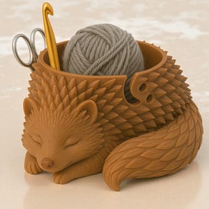 May include: A brown hedgehog-shaped yarn bowl with a gray ball of yarn inside. A gold crochet hook and silver scissors are placed in the bowl. The hedgehog is lying down with its eyes closed.