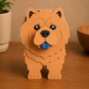 May include: A brown Chow Chow dog figurine with black ears, a black nose, and a blue tongue. The dog has a layered design and is standing on a wooden surface. The figurine is a decorative item.