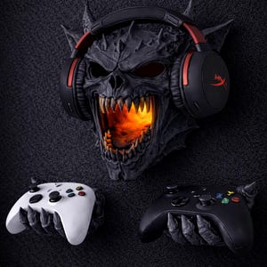 May include: A dark, textured wall decor featuring a demonic skull with glowing orange light emanating from its mouth. A black headset with red accents rests on the skull. Two game controllers, one white and one black, are positioned below. Text reads: "RGB Puck Light and Remote Included!"