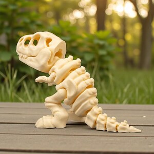 May include: A cream-colored, articulated Tyrannosaurus Rex skeleton model. The dinosaur toy is posed on a wooden surface, with a blurred green background. The model features a detailed skull, rib cage, legs, and tail, and is made of a solid material.