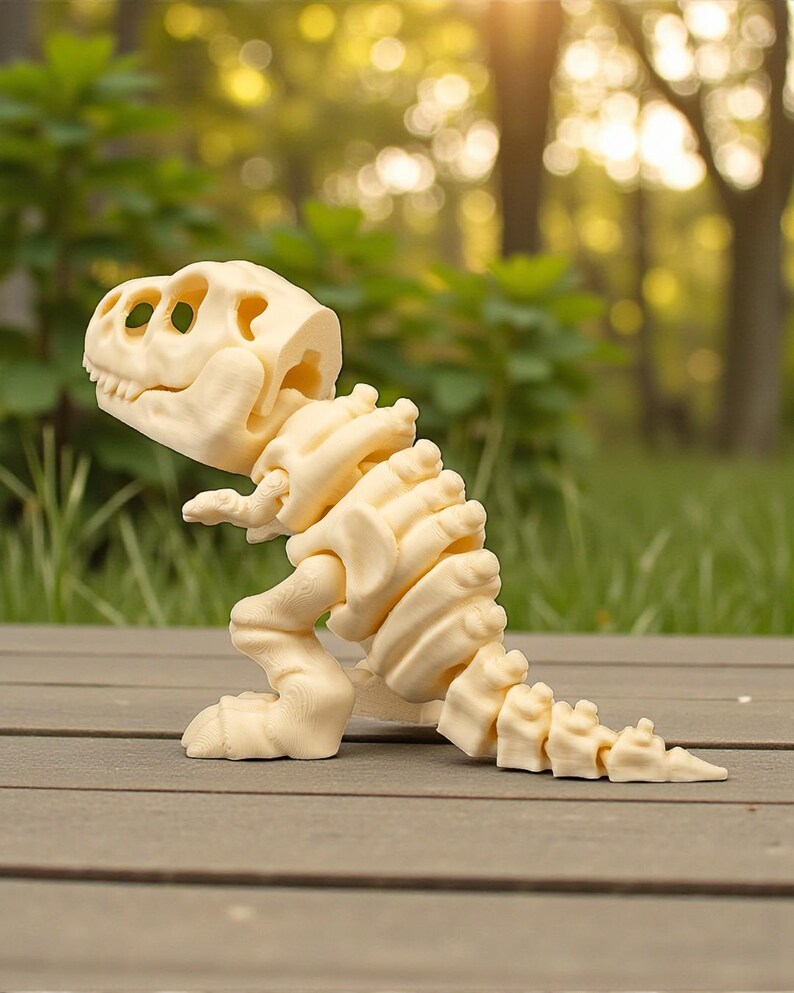 May include: A cream-colored, articulated Tyrannosaurus Rex skeleton model. The dinosaur toy is posed on a wooden surface, with a blurred green background. The model features a detailed skull, rib cage, legs, and tail, and is made of a solid material.