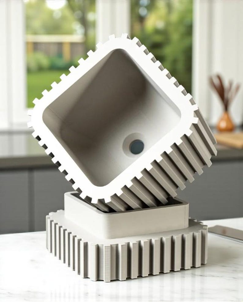 May include: A modern, gray, square sink with a unique, ridged design. The sink is elevated on a matching base, creating a striking visual. The interior of the sink features a drain hole. The overall aesthetic is minimalist and contemporary.