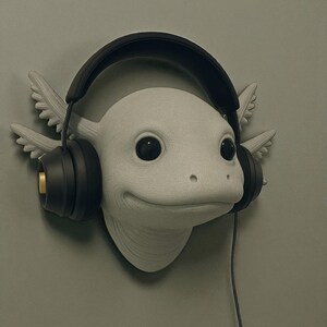 Puede incluir: Escultura de cabeza de ajolote blanco con grandes ojos negros y expresi&oacute;n sonriente, con auriculares negros. El ajolote tiene branquias plumosas y est&aacute; montado en una pared verde apagada. Los auriculares tienen detalles dorados.