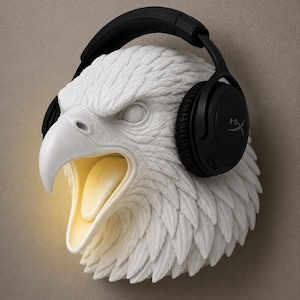 May include: A white eagle head sculpture with a black headset. The eagle's beak is open, revealing a glowing yellow interior. The sculpture is mounted on a neutral-toned wall, creating a striking contrast.