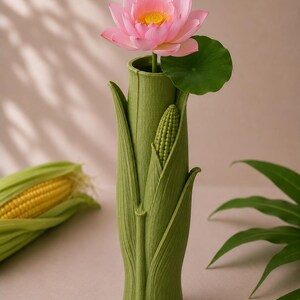 Pu&ograve; includere: Un vaso di ceramica verde a forma di steli di mais, che contiene un fiore di loto rosa con un centro giallo e una foglia verde. Una pannocchia di mais &egrave; visibile sul lato. Il vaso &egrave; su una superficie rosa chiaro.