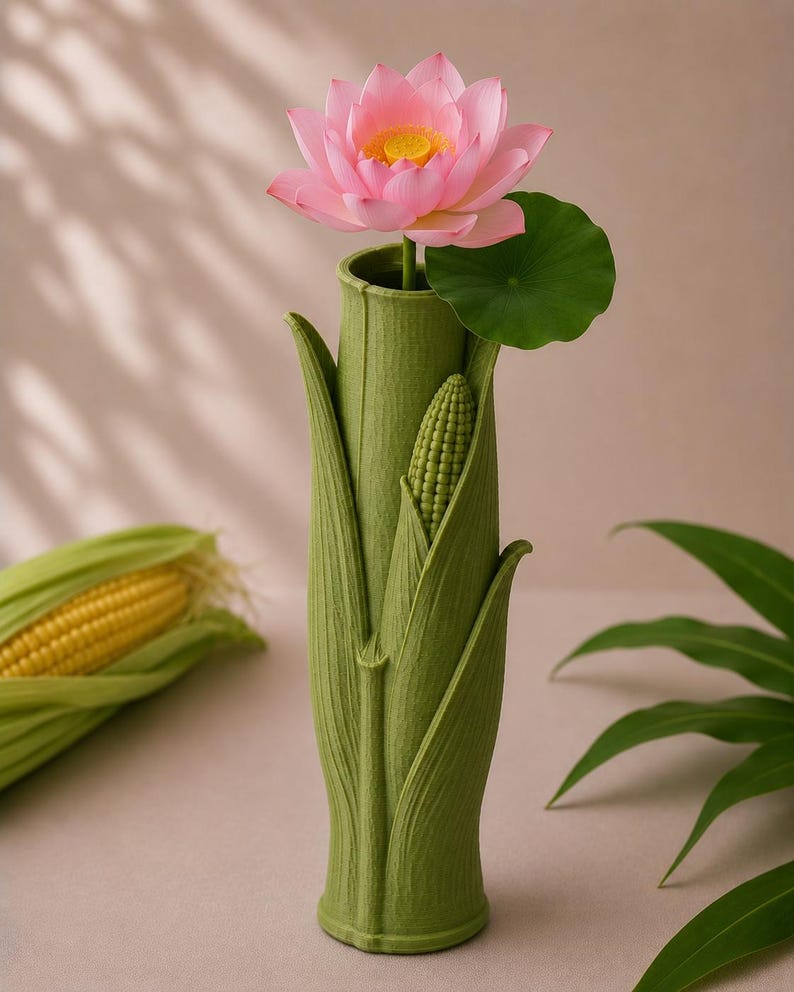 Pu&ograve; includere: Un vaso di ceramica verde a forma di steli di mais, che contiene un fiore di loto rosa con un centro giallo e una foglia verde. Una pannocchia di mais &egrave; visibile sul lato. Il vaso &egrave; su una superficie rosa chiaro.