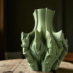 May include: A green ceramic vase with a unique, textured design. The vase has a flared top and a base with multiple points. The surface features intricate, leaf-like patterns, creating a sculptural appearance. The vase is displayed on a wooden surface.