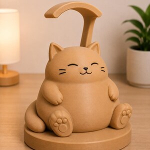 May include: A tan cat-shaped desk lamp with a curved arm. The lamp features a smiling cat face and paw details. The lamp sits on a round base. A small table lamp and a potted plant are in the background.