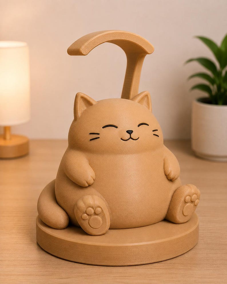 May include: A tan cat-shaped desk lamp with a curved arm. The lamp features a smiling cat face and paw details. The lamp sits on a round base. A small table lamp and a potted plant are in the background.