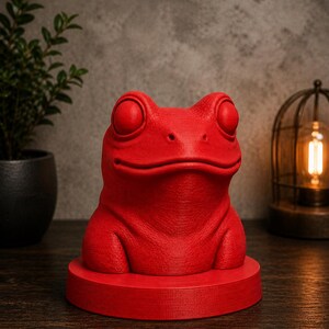 May include: A vibrant red frog sculpture with large, round eyes and a textured surface. The frog sits atop a matching red circular base. The sculpture is a decorative item, possibly for a desk or shelf.