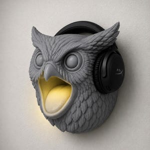 May include: A gray owl-shaped wall sconce with a wide open mouth and black headphones. The owl's mouth is illuminated with a warm yellow light. The headphones have the HyperX logo on the ear cup.