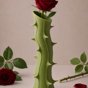 May include: A green vase with a thorny stem design holds a single red rose. The vase has a curved shape and is decorated with sharp, pointed thorns. A rose and rose petals are in the background.