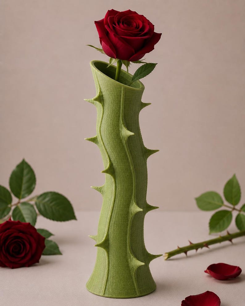 May include: A green vase with a thorny stem design holds a single red rose. The vase has a curved shape and is decorated with sharp, pointed thorns. A rose and rose petals are in the background.
