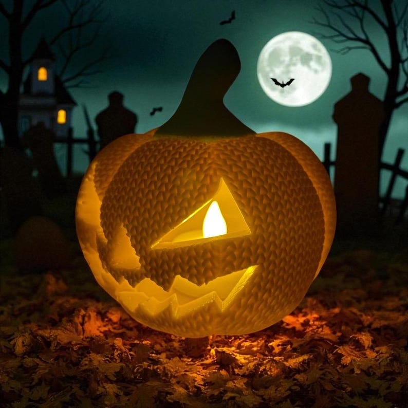 May include: A glowing, carved pumpkin with a jack-o'-lantern face, illuminated by a warm light. The pumpkin sits on a bed of autumn leaves, with a spooky night scene in the background featuring a full moon, bats, and a haunted house.