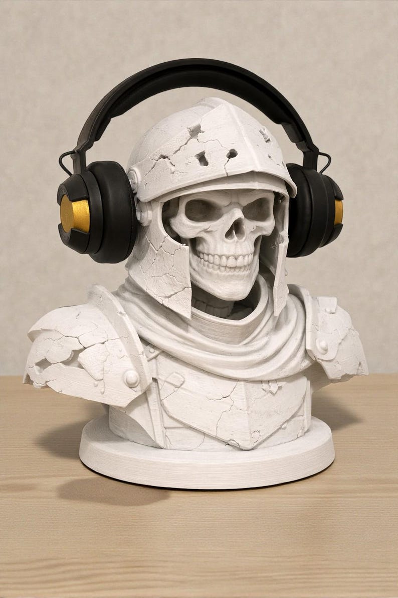 May include: A white skull bust wearing a medieval helmet and armor, with black and gold headphones. The bust has a cracked, aged appearance and sits on a round base. The headphones have black earcups with gold accents.