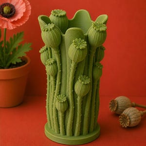 K&ouml;nnte beinhalten: Eine gr&uuml;ne Vase mit einem Mohnblumen-Design. Die Vase ist zylindrisch mit einer Reihe von Mohnsamenk&ouml;pfen und -stielen. Der Hintergrund ist einfarbig rot. Links ist eine Topfmohnblume zu sehen.