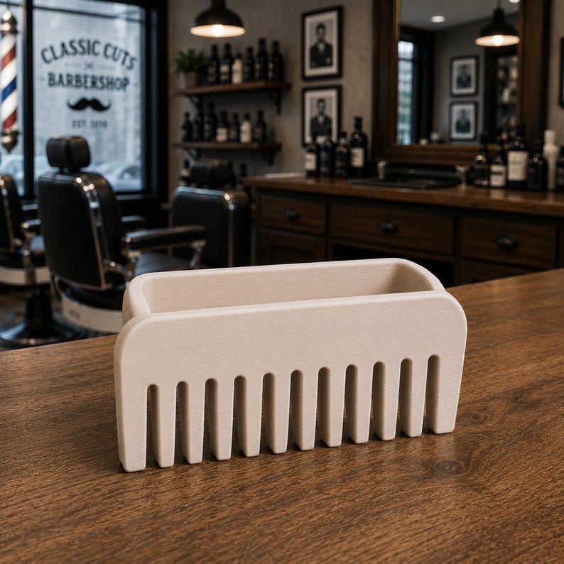 Puede incluir: Un organizador de madera de color claro en forma de peine se encuentra sobre una superficie de madera. El organizador tiene una secci&oacute;n superior rectangular y una base en forma de peine con dientes espaciados. El fondo muestra un interior de barber&iacute;a.