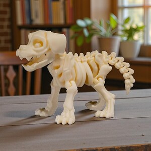 May include: A cream-colored dog skeleton figurine. The articulated model features a detailed skeletal structure, including ribs, spine, and skull. The dog is posed in a standing position, showcasing its paws and tail. A unique decorative item.