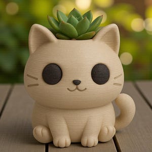 May include: A beige cat-shaped planter with a green succulent plant. The planter has large black eyes, a small nose, and a smiling mouth. The cat is sitting with its tail curled. The planter is made of a textured material.