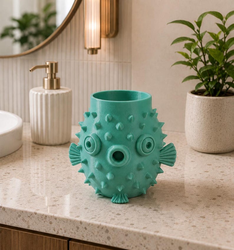 May include: A turquoise, spiky decorative vase resembling a pufferfish. The vase has circular eye-like features and fin-like details. It sits on a speckled countertop, with a white soap dispenser and a potted plant in the background. The vase is a unique home decor item.