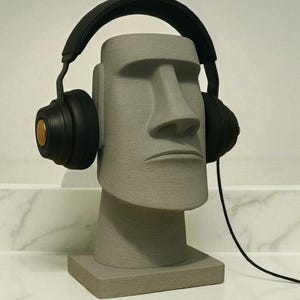 May include: A gray Moai statue head with black headphones. The statue has a square base and a detailed face. The headphones have gold accents. A black cord extends from the headphones.