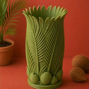 May include: A green decorative vase with a palm leaf design. The vase features detailed leaf and fruit patterns, with a flared top and a round base. The vase is approximately 8 inches tall and is set against a red background.