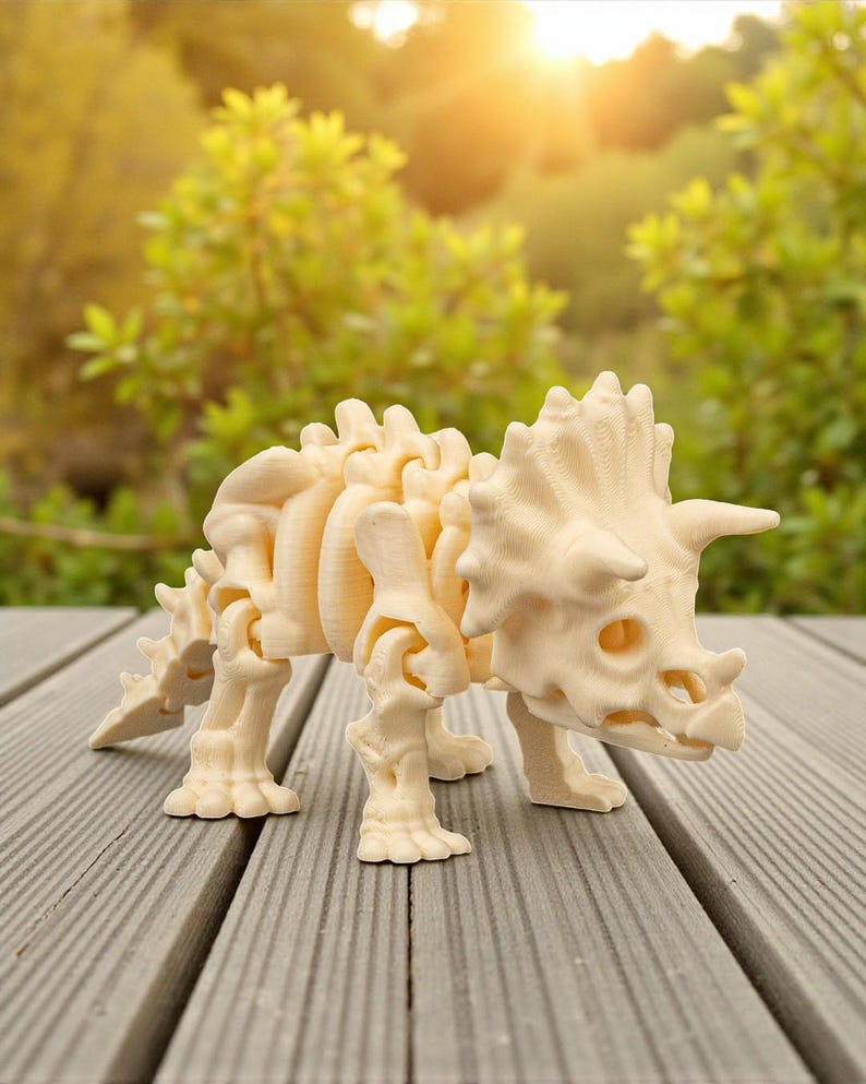 Może przedstawiać: Jasny beżowy model szkieletu dinozaura Triceratops. Model ma trzy rogi, falbanę i szczeg&oacute;łową strukturę szkieletu. Jest ustawiony na szarym drewnianym pokładzie z rozmytym zielonym tłem.