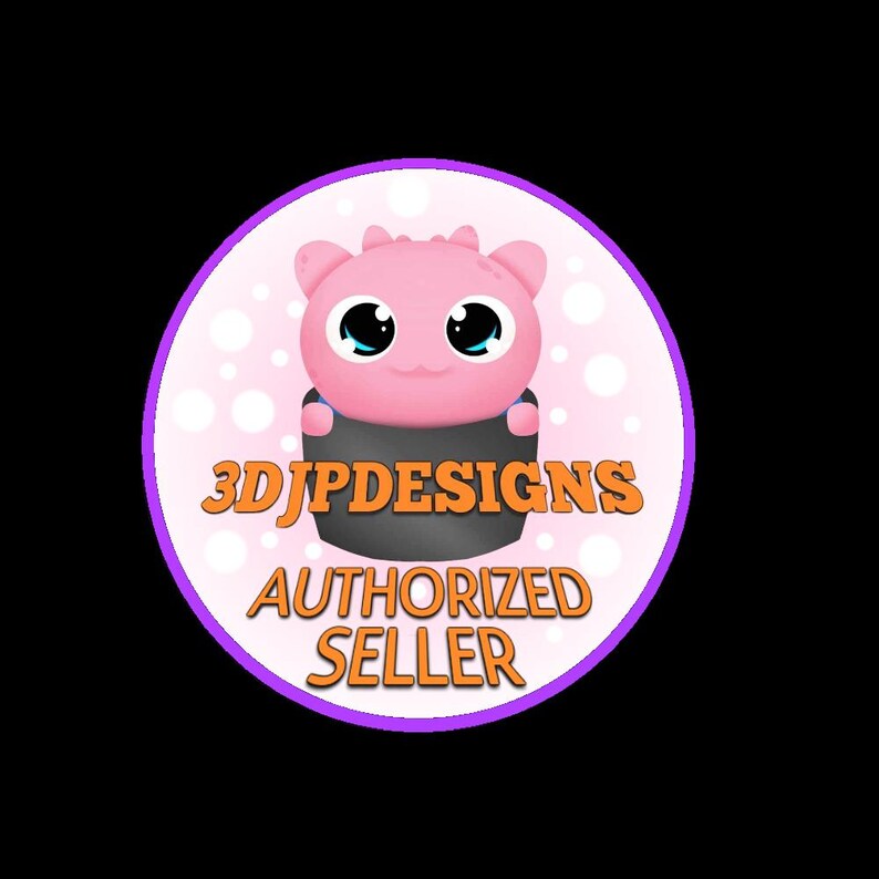 May include: A circular logo featuring a pink cartoon creature with large eyes and a black outfit. The logo includes the text "3DJPDESIGNS AUTHORIZED SELLER" in orange and white, set against a pink and white polka dot background, with a purple border.